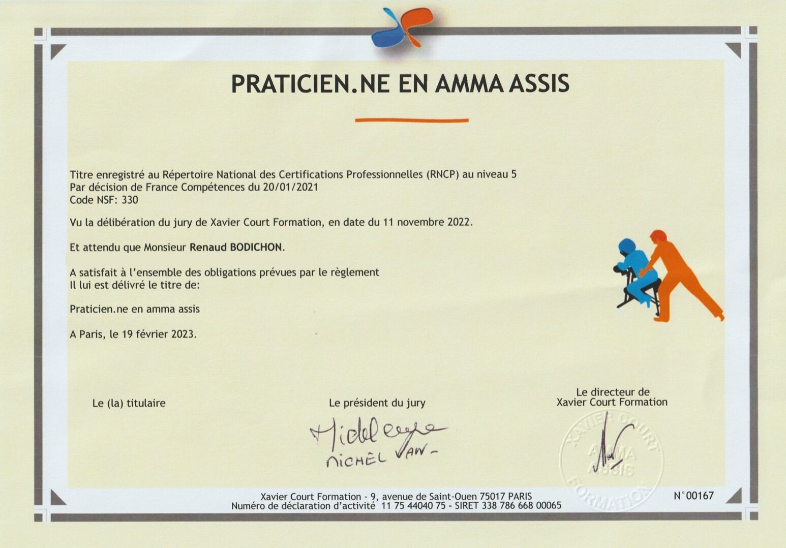 Diplôme de praticien en Amma assis de Renaud, Xavier Court Formation
